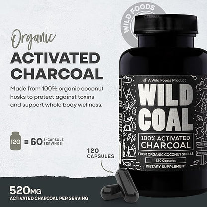 Wild Foods Activated Charcoal Capsules | 100% Organic Coconut Shells Active Tablets for Bloating Relief | Lab Tested & Non-GMO Detox Pills | USA (Two Bottles - 120 Capsules)