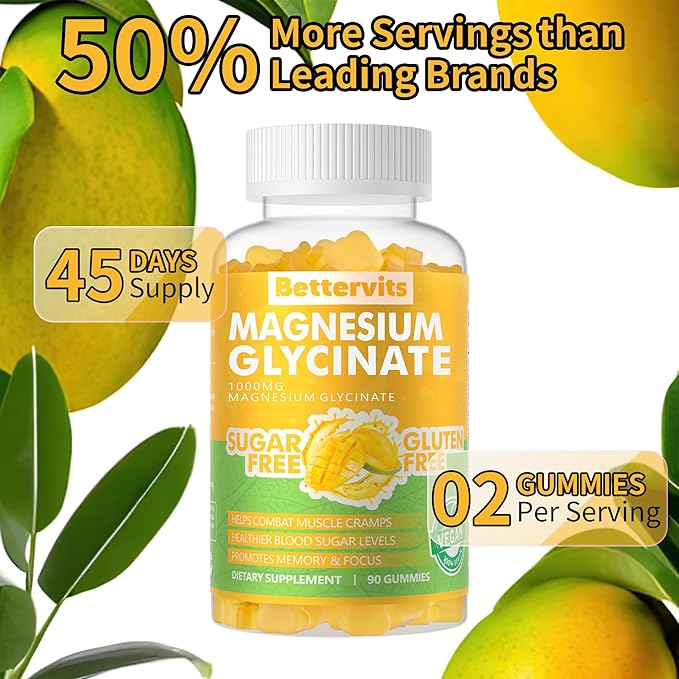 90 CT Magnesium Glycinate Gummies 1000mg - Sugar Free Magnesium Potassium Supplement with Vitamin D, B6, CoQ10 for Calm Mood & Sleep Support - 90 Mango Pineapple Gummies