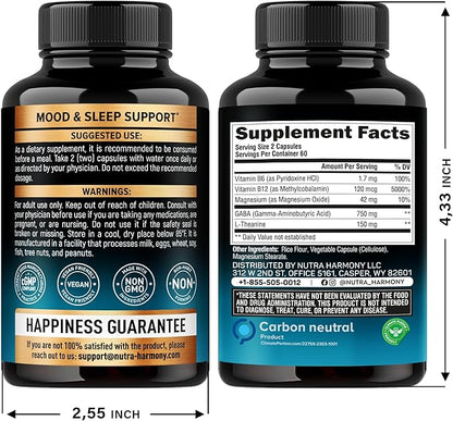 GABA L-Theanine 900 mg - Made in USA - Magnesium | Vitamin B6 - Calm, Sleep, Relaxation & Mood Support - 750 mg Gamma AminoButyric Acid, 150 mg L-Theanine - Non-Habit Forming, Vegan - 120 Capsules