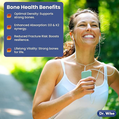 Dr. Wise Vitamin D3 5000 IU + K2 MK-7 - Women’s Supplement for Bone Strength, Heart Health, Immune Support & Radiant Skin - 60 Capsules - High Absorption - 2 Month Supply