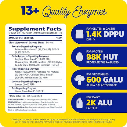 Enzymedica Digest Spectrum, Digestive Enzymes for Multiple Food Intolerances, Breaks Down Gluten, Phenol, Lactose & Casein, Offers Fast-Acting Gas & Bloating Relief, 240 Count