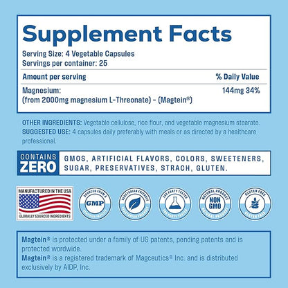 Magnesium L Threonate, Magtein™, Brain Supplement for Memory, Focus, Sleep and Cognitive Support, High Absorption Magnesium L-Threonate, Non-GMO, No Laxative Effect – 2000 mg, 100 Vegan Capsules