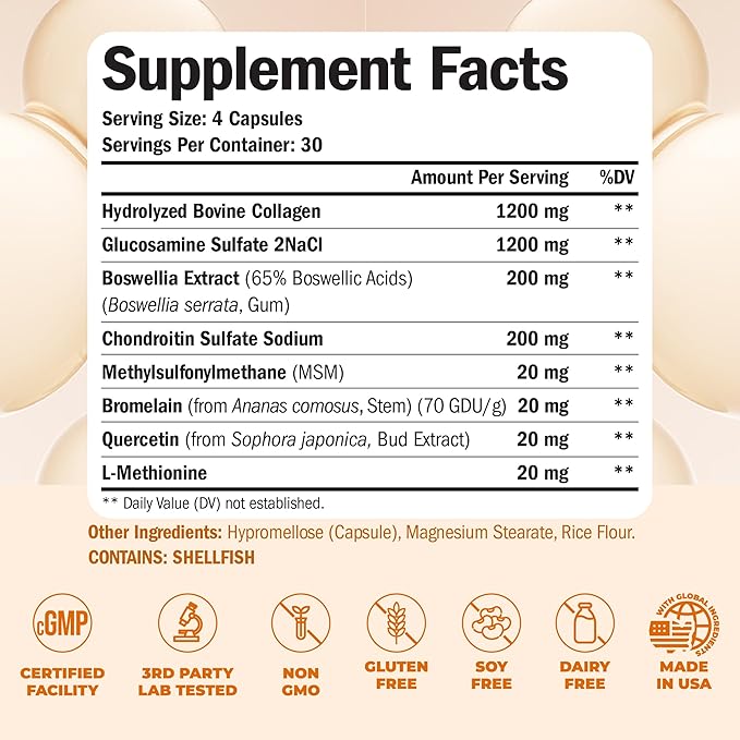 Glucosamine Chondroitin MSM with Collagen Powder. Joint Support Supplement. Bromelain, Quercetin, L-Methionine & Boswellia Extract capsules. Joint Supplement + Hair Skin and Nails Vitamins. 2 Pack
