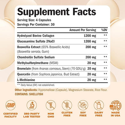 Glucosamine Chondroitin MSM with Collagen Powder. Joint Support Supplement. Bromelain, Quercetin, L-Methionine & Boswellia Extract capsules. Joint Supplement + Hair Skin and Nails Vitamins. 2 Pack