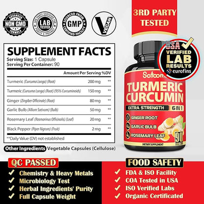 Satoomi 6in1 Turmeric Curcumin Supplement - 3 Month Supply - 95% Curcuminoids with Ginger Root, Garlic Bulb, Rosemary & Black Pepper - 90 Capsules