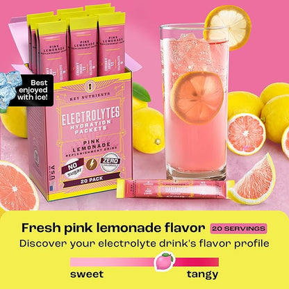KEY NUTRIENTS Electrolytes Powder Packets - Fresh Pink Lemonade 20 Pack Hydration Packets - Travel Hydration Powder - Made in USA - No Sugar, No Calories, Gluten Free