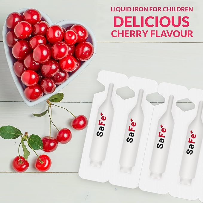 SaFe+ Liquid Iron for Children | Great Tasting Cherry Flavor | Easy to Use 20mg/2mL Iron per ampule | 30 Unit-Doses (2 ml Each) I Sugar Free & Allergen Free I Maintain Physical & Mental Wellbeing