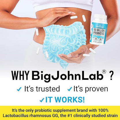 BIGJOHNLAB® - Probiotics 30capsules 1month Supply Women & Men 60 Billion CFU 10 Strains + Organic Prebiotics Immune, Digestive Gut Health Supports Occasional Constipation, Diarrhea, Gas & Bloating