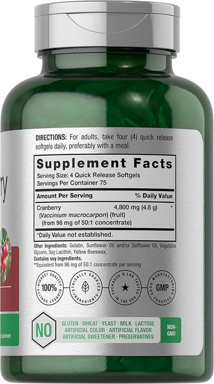Horbäach Cranberry Pills for Women and Men 4800mg | 300 Softgels | Non-GMO, Gluten Free Supplement | from Concentrate Extract