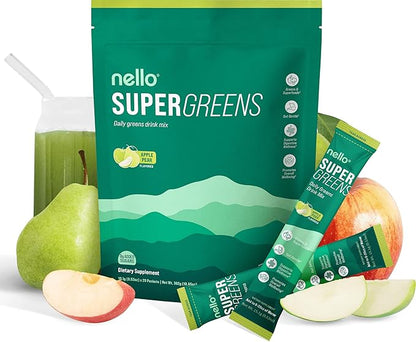 Supergreens Premium Superfood Greens Drink Mix w/Chlorella, Moringa, Spinach & Broccoli + Digestive Enzymes & Probiotic Blend -Nutrient-Packed Powder Wellness (Apple Pear, 20 SRV, Travel Pack)