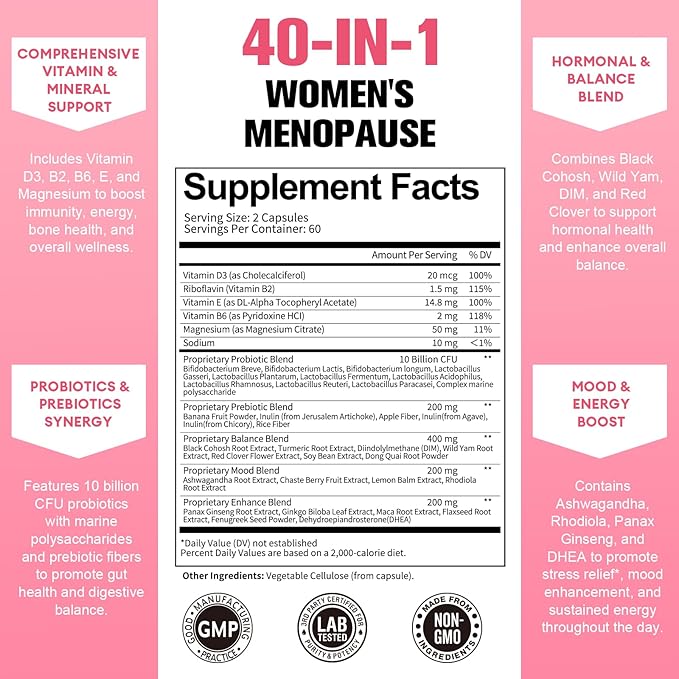 Menopause Supplements for Women, Multibenefit & Complete Black Cohosh for Women, Premium Quality Ingredients, Probiotic Blend, Prebiotic, Powerful Blends