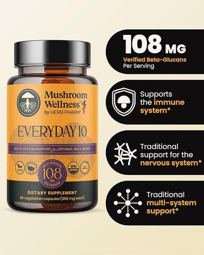 Mushroom Wellness Everyday 10: Organic 10-in-1 Mushroom Capsules with Lion's Mane, Shiitake, Reishi, Turkey Tail & More, Mushroom Powder Supplement, Immune & Nervous System Support, 90 Vegan Capsules