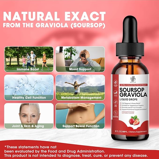 Soursop Graviola Liquid Drop, Soursop Bitters Liquid, Natural Soursop Leaves & Fruit Complex for Overall Wellness, Sugar/Caffeine/Gluten Free, Strawberry Flavor, 2 Fl Oz