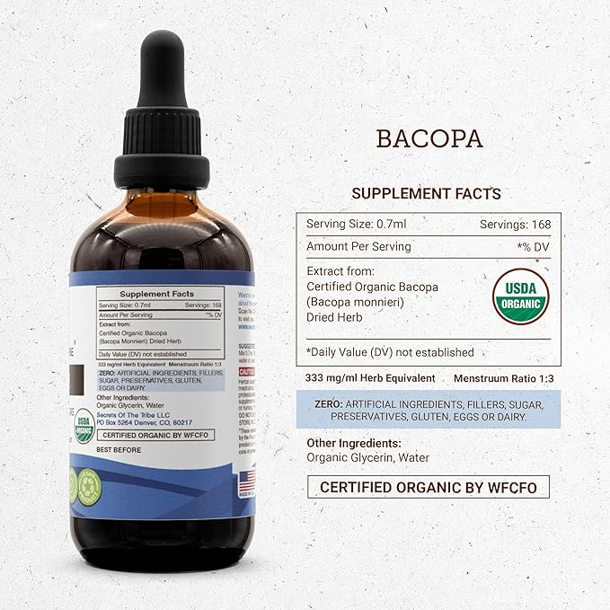 Secrets of the Tribe Bacopa USDA Organic | Alcohol-Free Extract, High-Potency Herbal Drops | Made from 100% Certified Organic Bacopa (Bacopa Monnieri) Dried Herb (2x4 oz)