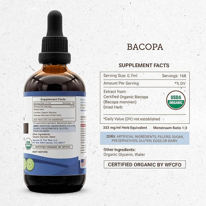 Secrets of the Tribe Bacopa USDA Organic | Alcohol-Free Extract, High-Potency Herbal Drops | Made from 100% Certified Organic Bacopa (Bacopa Monnieri) Dried Herb (2x4 oz)