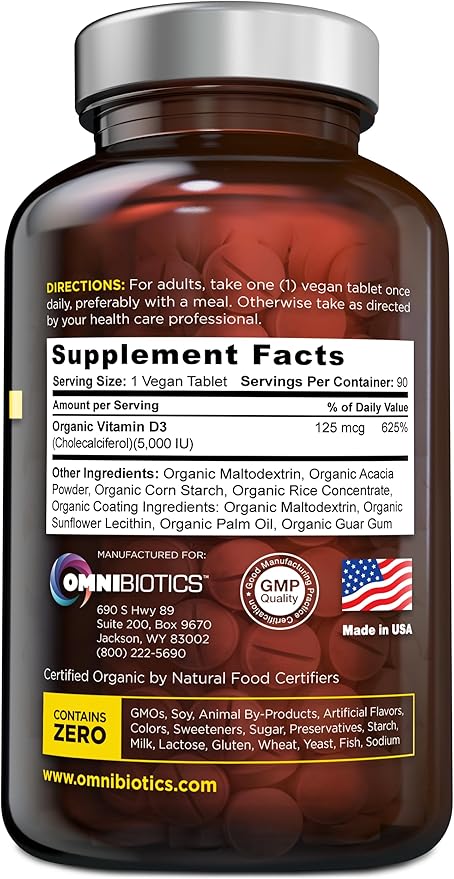 Organic Vitamin D3 Supplement 5000 IU - 100% Vegan High-Potency Vitamin D Supplement for Immune Support, Bone Strength, Energy, and Muscle Health. Non-GMO, Gluten Free - 90 Vegan Tablets