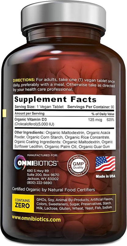 Organic Vitamin D3 Supplement 5000 IU - 100% Vegan High-Potency Vitamin D Supplement for Immune Support, Bone Strength, Energy, and Muscle Health. Non-GMO, Gluten Free - 90 Vegan Tablets