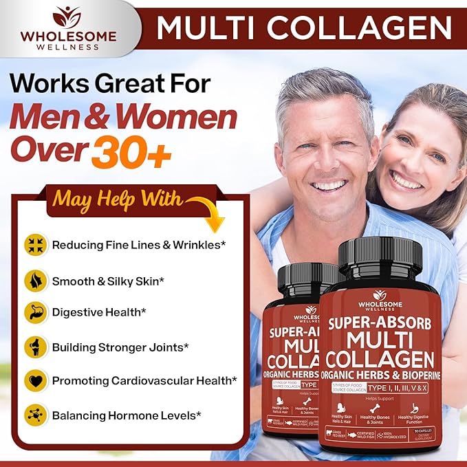 Wholesome Wellness Super-Absorb Multi Collagen Pills (Type I II III V X) Organic Herbs & Bioperine - Hair, Skin, Nails, Joints - Hydrolyzed Peptides Protein Supplement for Women & Men (90 Capsules)