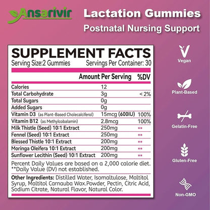 Lactation Supplement Gummies – Powered by Moringa, Fennel, Sunflower Lecithin, Milk Thistle, Blessed Thistle, plus Vitamins D3 & B12 – 60 Gummies for Breastfeeding Support & Milk Supply Boost