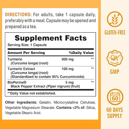 Vitamin World Turmeric Curcumin 1000mg, BioPerine Black Pepper Extract for Better Absorption, 95% Curcuminoids, Turmeric Supplement for Antioxidant & Joint Support, Gluten-Free, 60 Capsules