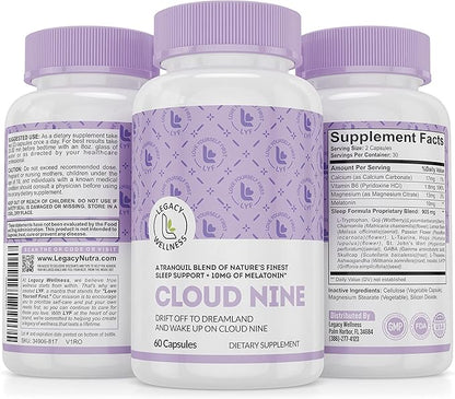 Cloud 9 - All Natural Sleep Aid Supplement - Relaxing Vitamin & Herbal Formula - 10mg Melatonin Calcium Magnisium L-Theanine 5-HTP GABA St. John's Wort Ashwagandha Chamomile & More 60 Vegan Capsules