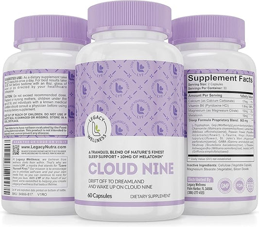 Cloud 9 - All Natural Sleep Aid Supplement - Relaxing Vitamin & Herbal Formula - 10mg Melatonin Calcium Magnisium L-Theanine 5-HTP GABA St. John's Wort Ashwagandha Chamomile & More 60 Vegan Capsules