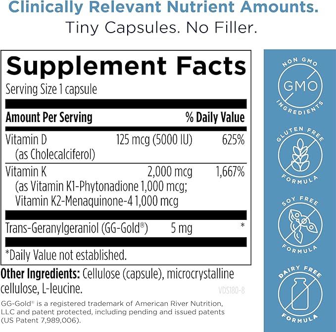 Designs for Health Vitamin D Supreme - Vitamin D 5000 IU with 2000mcg Vitamin K as MK4 for Bone Health, Heart Health & Immune Support - Vitamin D3 Enhanced with GG Supplement (60 Capsules)