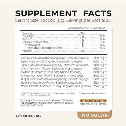 Mushroom Coffee - 10-in-1 Mushroom Superfood Adaptogen Mix - Organic Lion's Mane, Chaga, Turkey Tail, Reishi, Instant Coffee - for Gut Health, Immunity, Energy, Focus - Sugar Free - 7,4 oz (35 Serv)