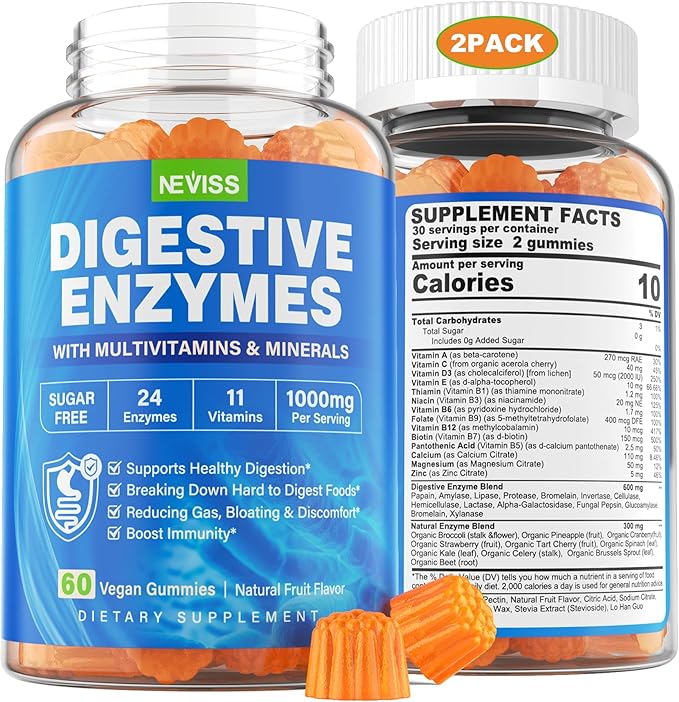 NEVISS Psyllium Husk Prebiotic Fiber Gummies - 7G Fiber with 2000mg Prebiotic Fiber Blend & Multivitamins - Inulin, Fos, Guar Gum & Multi Digestive Enzymes Vitamin Gummies Chewable