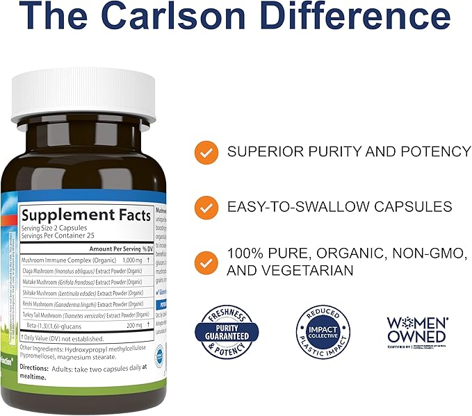 Carlson - Mushroom Complex, Organic Blend, with Turkey Tail, Reishi, Maitake, Shiitake, Chaga, Non-GMO, 50 Vegetarian Capsules