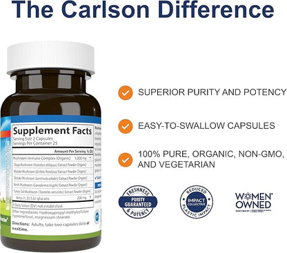 Carlson - Mushroom Complex, Organic Blend, with Turkey Tail, Reishi, Maitake, Shiitake, Chaga, Non-GMO, 50 Vegetarian Capsules
