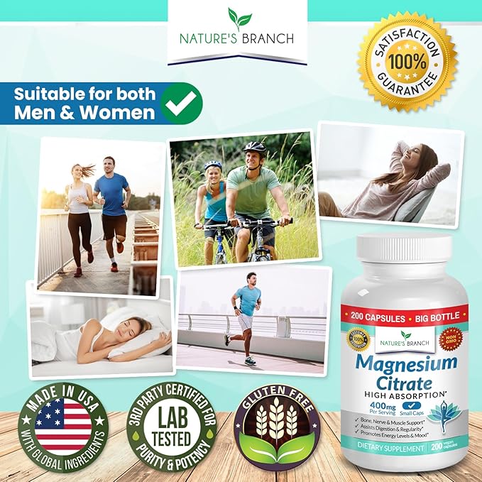 Magnesium Citrate 400mg - 200 Capsules - High Potency for Sleep, Leg Cramps, Extra Strength Absorption, Easy to Swallow Pills for Women & Men, Vegan Supplement Not Tablets - Made in USA
