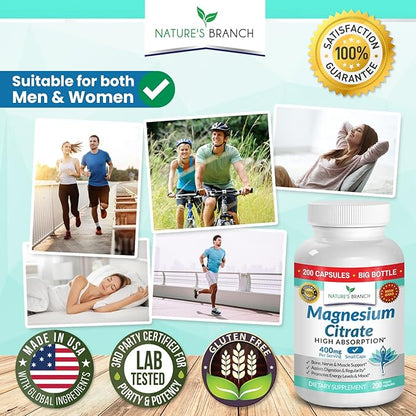 Magnesium Citrate 400mg - 200 Capsules - High Potency for Sleep, Leg Cramps, Extra Strength Absorption, Easy to Swallow Pills for Women & Men, Vegan Supplement Not Tablets - Made in USA