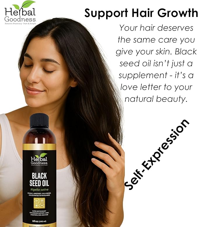 Black Seed Oil - Organic Cold Pressed Nigella Sativa, Black Cumin Seed Oil with Thymoquinone, Blackseed Liquid for Health, Hair Growth & Skincare 8 fl. oz | Herbal Goodness