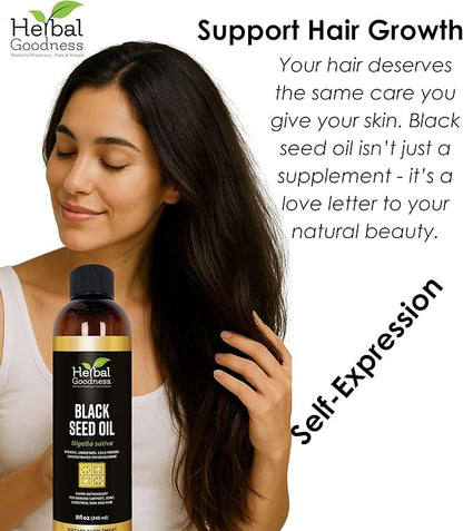 Black Seed Oil - Organic Cold Pressed Nigella Sativa, Black Cumin Seed Oil with Thymoquinone, Blackseed Liquid for Health, Hair Growth & Skincare 8 fl. oz | Herbal Goodness