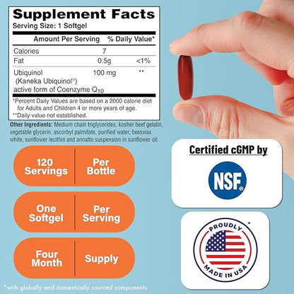 Health Thru Nutrition Ubiquinol 100mg 120 Softgels as Kaneka QH Reduced CoQ-10 | Stabilized - 3rd Party Tested | Enhanced Bioavailability | Cardiovascular & Mitochondria Function Support | Non-GMO