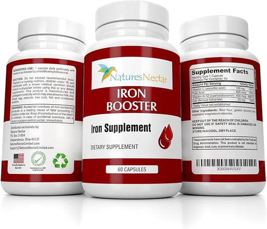 Nature's Nectar Iron Booster - Iron Supplement for Women - Helps Boost Red Blood Cell Production with Slow Release Non Constipating Ferrous Pills for Women - Best for Anemia