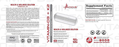 Metabolic Nutrition Vitamin D3 + K2, Bone and Heart Health Formula, Immune Support, 90 Veggie Caps 7000IU per Capsule Max Dose
