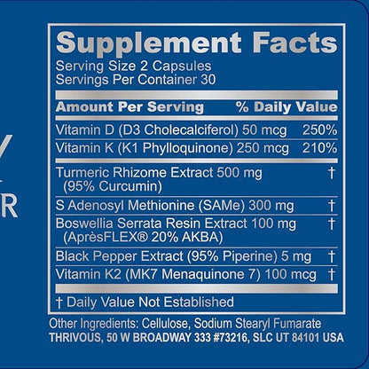 Thrivous Tenacity - Enhance Joint & Bone Function for Better Aging - Advanced Geroprotector Supplement: Turmeric Curcumin, ApresFlex Boswellia, Vitamin D3, Vitamin K2 MK7, Same - 60 Capsules