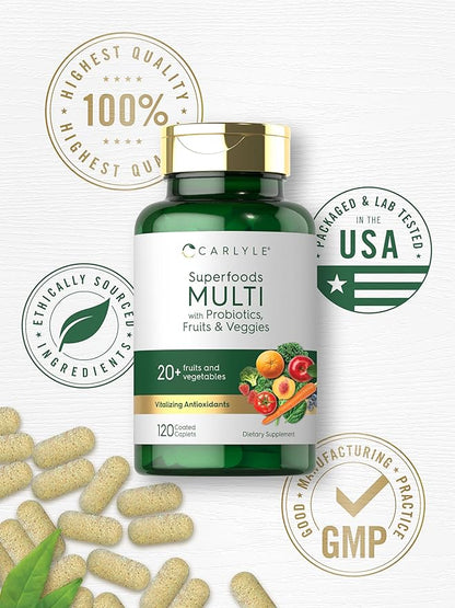 Carlyle Fruits and Veggies Supplement | 120 Count | Superfood Multivitamin with Probiotics | Made with 20 Fruits and Vegetables | Non-GMO & Gluten Free