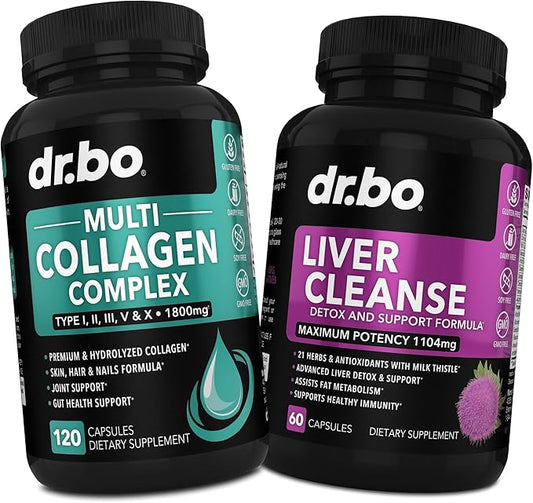 Multi Collagen Peptides & Liver Cleanse - Type I, II, III, V, & X Multi Collagen Peptides for Skin, Hair & Nails - Liver Cleanse Detox Support Supplement, Natural Milk Thistle Dandelion Supplements