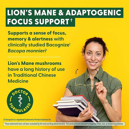 MegaFood Superfood Mushroom Focus Support - Doctor Formulated Lions Mane Supplement Capsules - Lions Mane Mushroom Supplement with Clinically Studied Bacopa - Vegan - 60 Capsules, 30 Servings