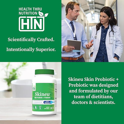 Health Thru Nutrition Skineu - Skin Probiotic + Prebiotic | Supports Skin Hydration & Elasticity | Clinically Studied Ingredients |3rd Party Tested, Non-GMO & Gluten-Free | 30 VegeCapsules