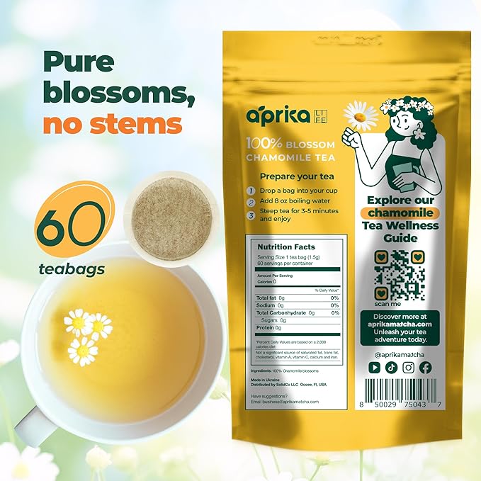 100% Pure Chamomile Tea - Only Flowers without Stems, Chamomile Tea Bags Caffeine Free, 60 count, Calming Tea Chamomile by Aprika Life