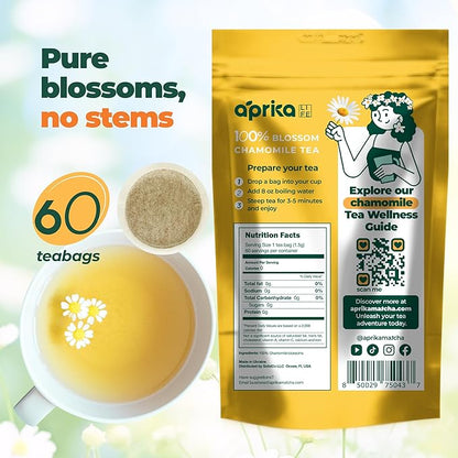100% Pure Chamomile Tea - Only Flowers without Stems, Chamomile Tea Bags Caffeine Free, 60 count, Calming Tea Chamomile by Aprika Life