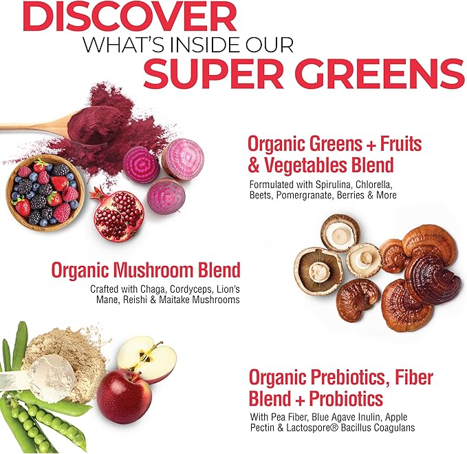 Country Farms Organic Super Greens Berry Flavor, 50 Organic Super Foods, Packed with Fiber, USDA Organic Drink Mix, Fruits, Vegetables, Mushrooms & Probiotics, Supports Energy, 5g Fiber