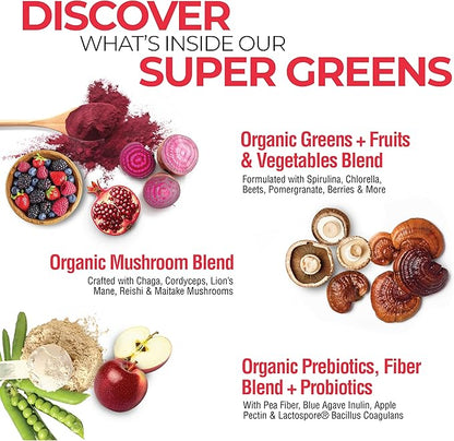 Country Farms Organic Super Greens Berry Flavor, 50 Organic Super Foods, Packed with Fiber, USDA Organic Drink Mix, Fruits, Vegetables, Mushrooms & Probiotics, Supports Energy, 5g Fiber