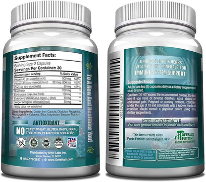 7 in 1 Immune Support Supplement with Vitamin C, D3, Zinc 50mg, Quercetin, Echinacea Purpurea, Sambucus Elderberry and Ginger for Complete Immune Defense - 60 Capsules (3 Bottles)
