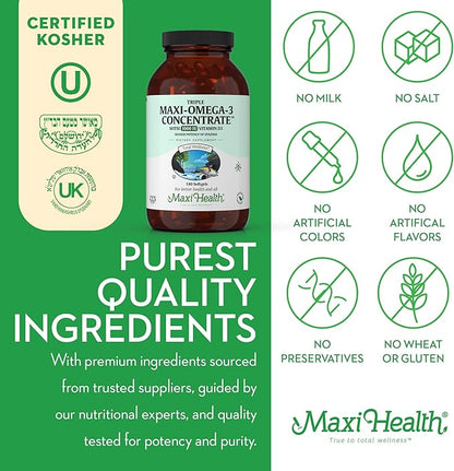 Maxi Health Triple Omega-3 Concentrate - Fish Oil - "1000 IU" Vitamin D3 (190 Capsules)