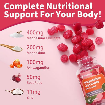 Magnesium Glycinate Gummies 400mg, Sugar Free Magnesium Supplement w/Ashwagandha, Zinc, Vegan Magnesium Glycinate Supplement for Adults - 120 Cherry Gummies